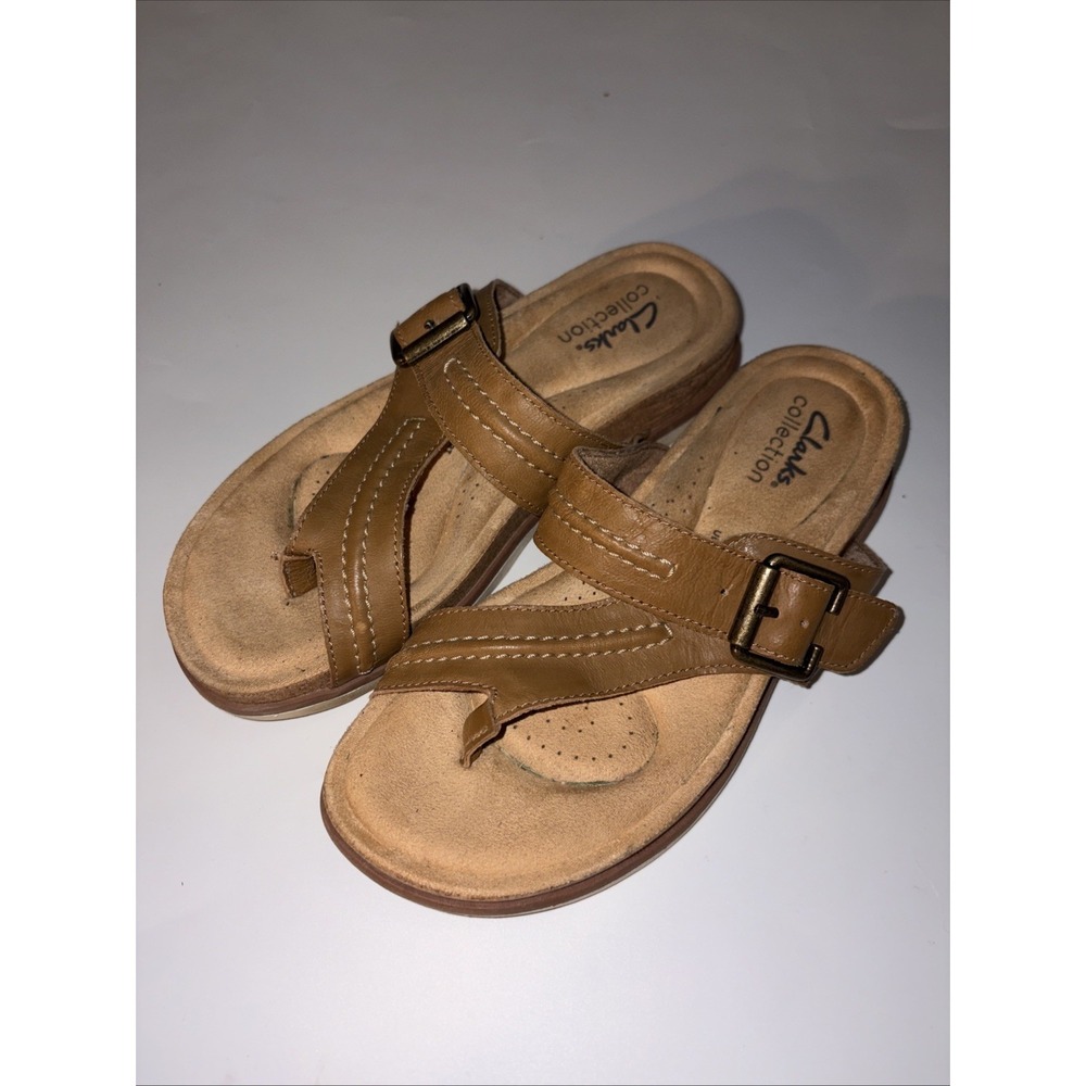 Clarks Collection Tan Leather Thong Wedge Sandals Women's Buckle US 6 M